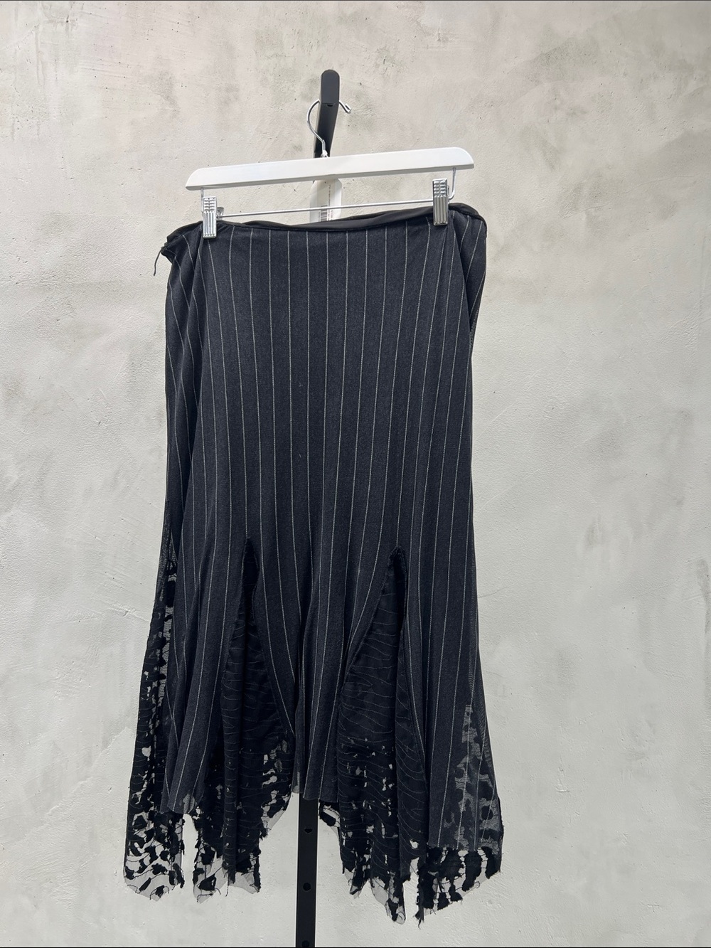 Black Pinstripe Midi Skirt with Lace Hem